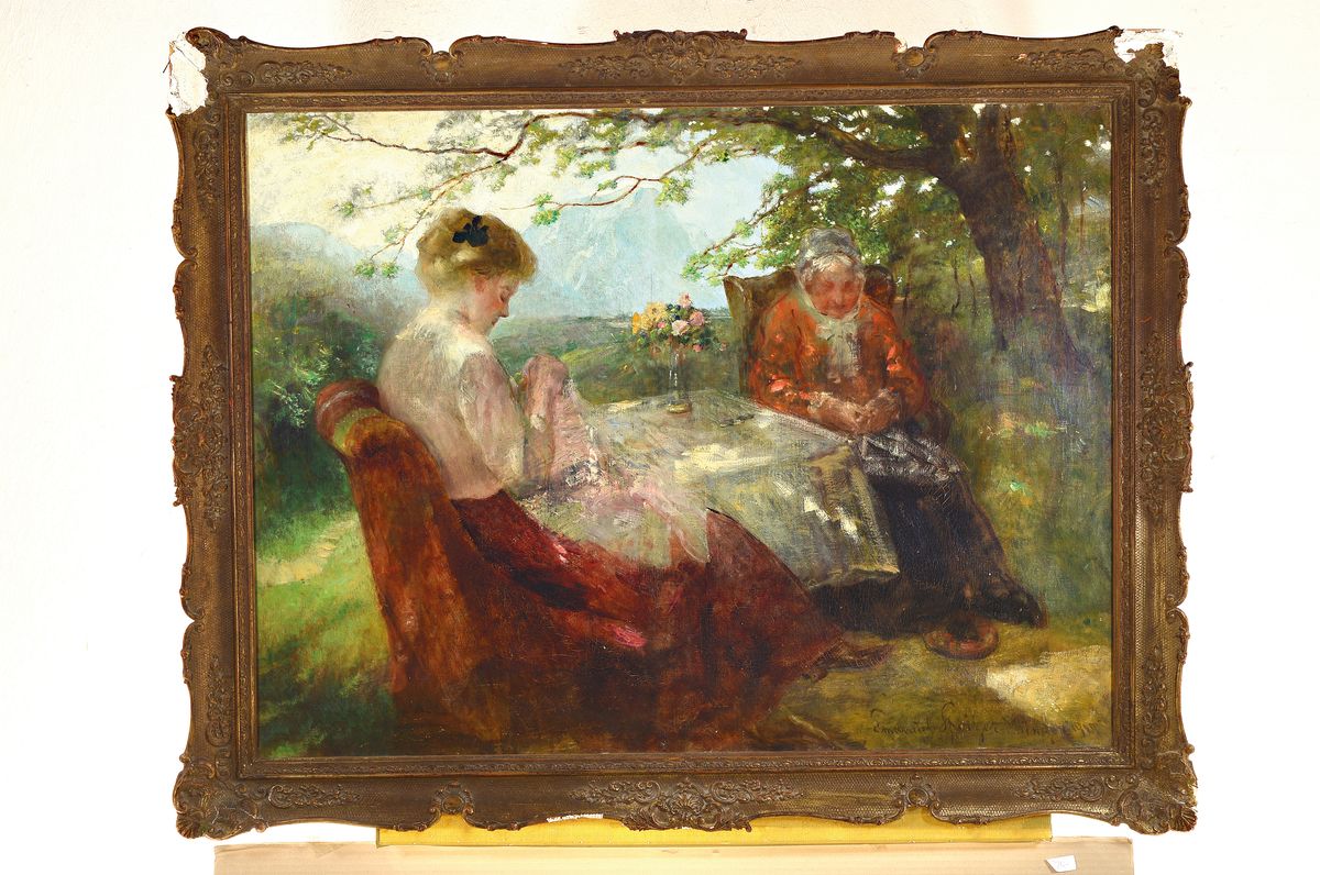 Detail k: Emanuel Spitzer, 1844 Papa/Ungarn - 1919 Waging am See, großformatiges Genrebild, junge und alte Frau beim Stricken vor Alpenpanorama, Szenerie ...