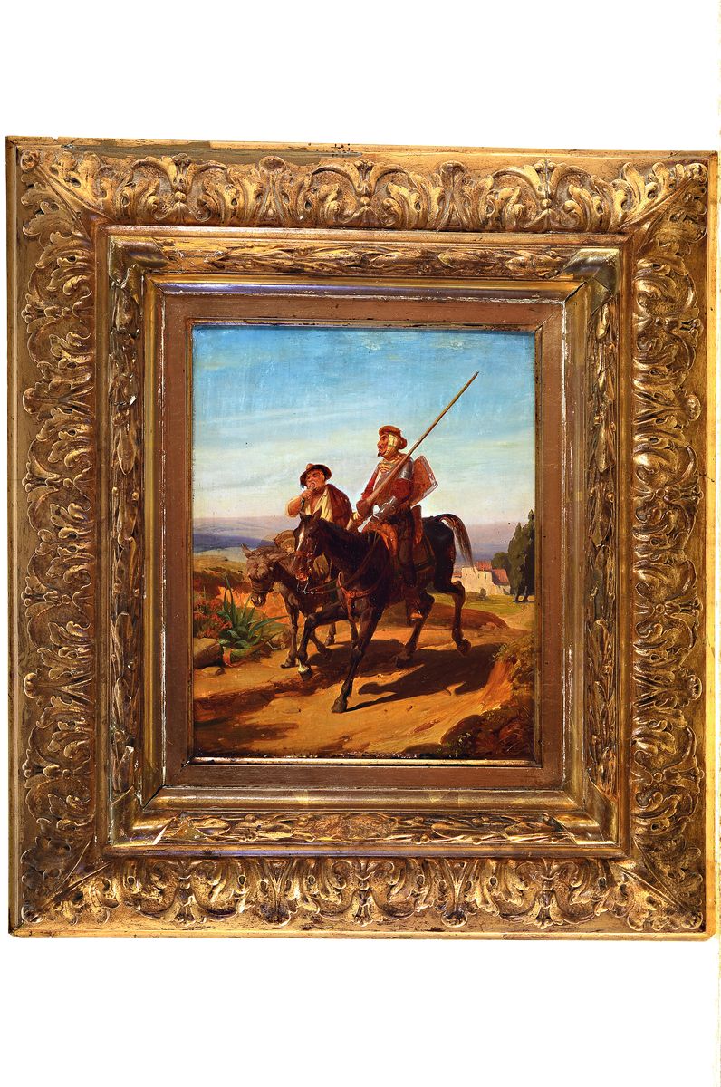 Detail k: Unbekannter Künstler, 2. Hälfte 19. Jh., Don Quijote und Sancho Panza, Öl/Holz, feine differenzierte Farbgebung, schöne Lichtführung, ...