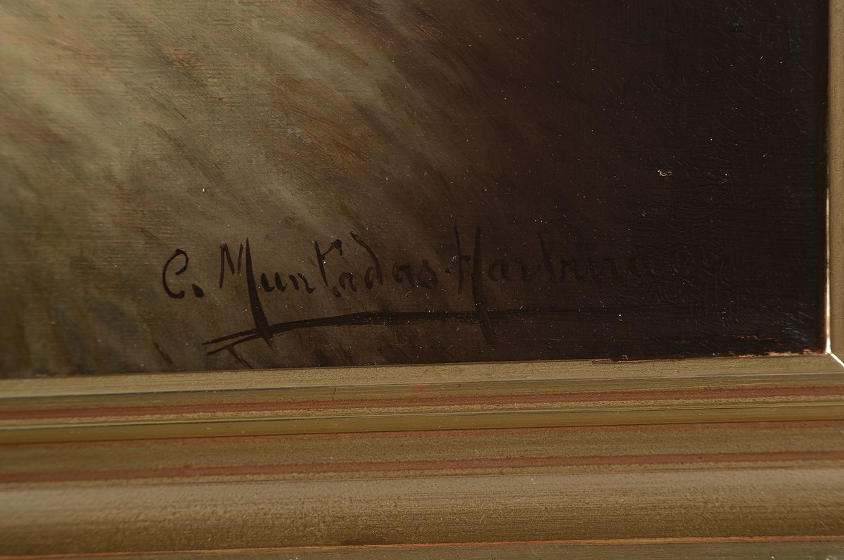 Detail a: Carlos Muntadas-Harburger, 1875 - 1956, Pekinese, Hundeporträt, Öl/Lwd, re. unten, signiert, 34 x 31 cm, Rahmen, l. Gebr.-spuren, ca. 40.5 x 37.5 cm