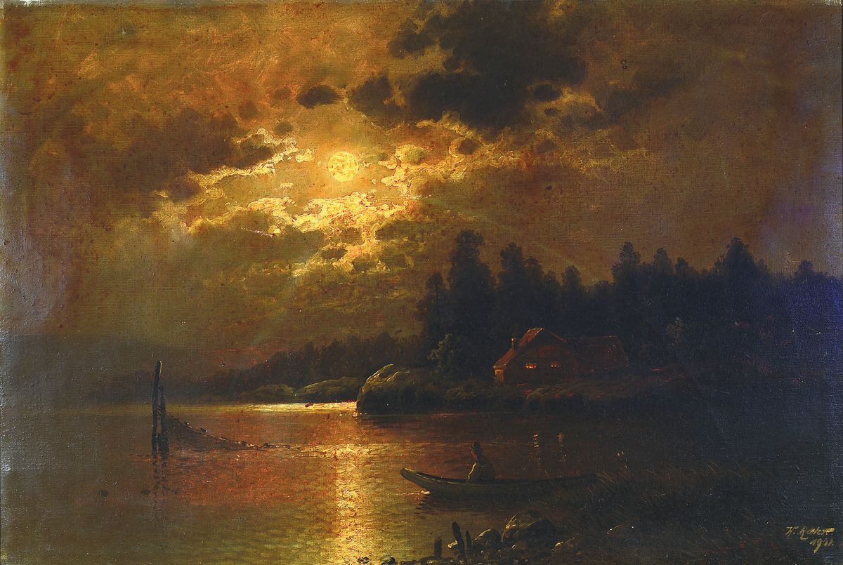 H. Rohr, Pseudonym von Karl Kaufmann, 1843 - 1902, Mondlandschaft, Öl/Lwd, nächtliche Seelandschaft mit Fischernetzen und Fischer im Boot, im ...