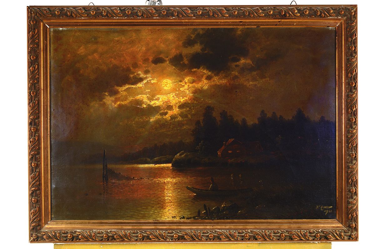 Detail k: H. Rohr, Pseudonym von Karl Kaufmann, 1843 - 1902, Mondlandschaft, Öl/Lwd, nächtliche Seelandschaft mit Fischernetzen und Fischer im Boot, im ...