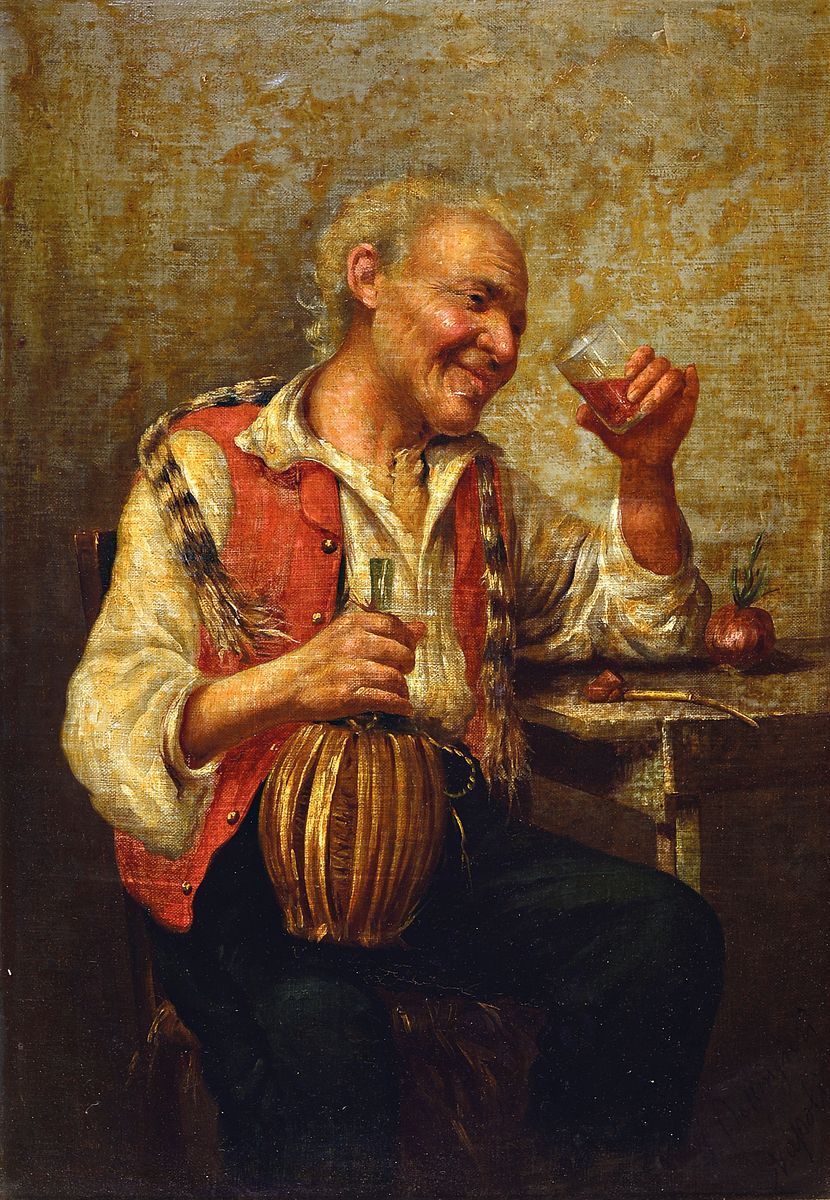 Riccardo Pellegrini, 1863 - 1934, italienischer Weintrinker, Öl/Lwd/Pappe, li. u. signiert und bez. Napoli, Reinigung empfohlen, sehr feine Malerei, ...