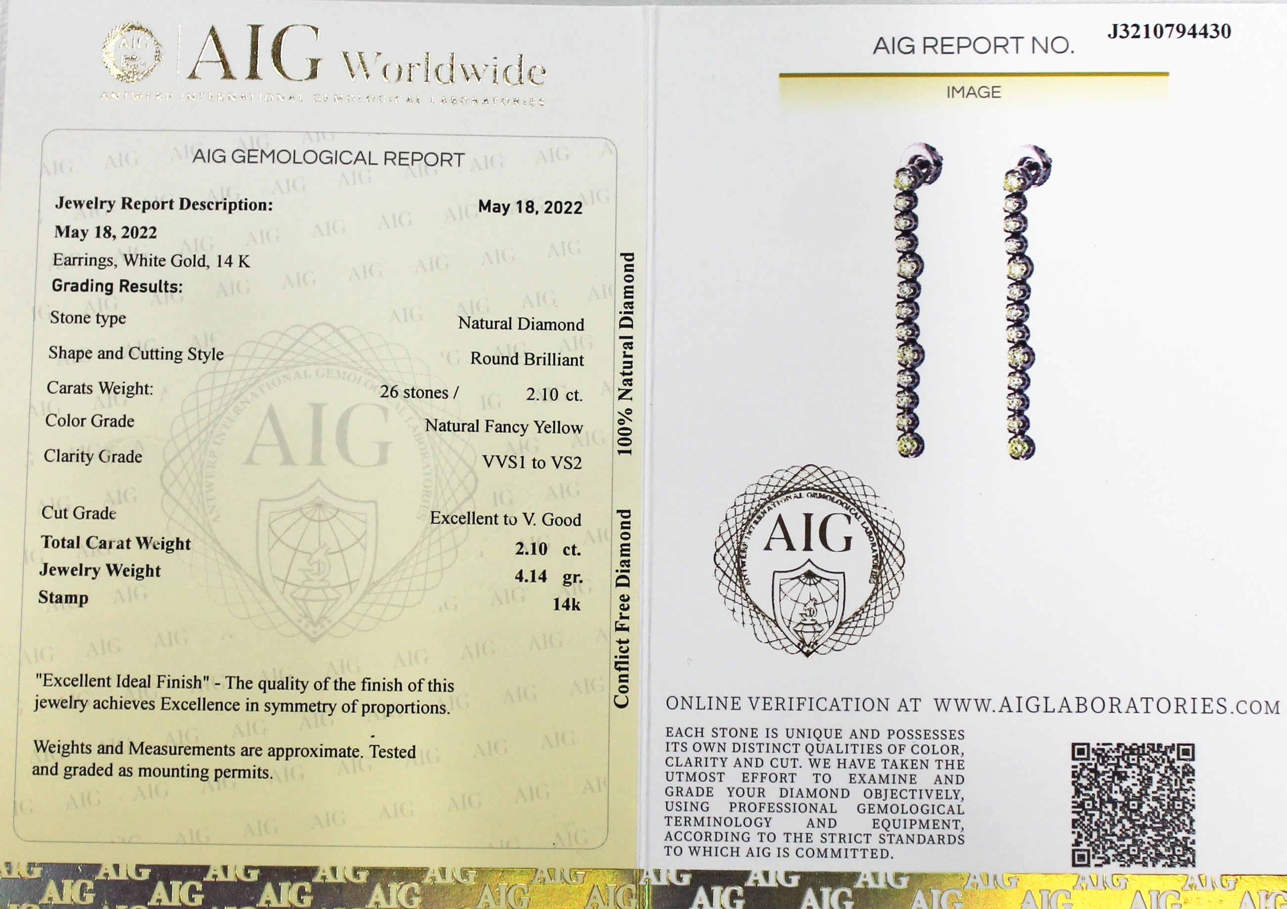Detail a: Paar 14 kt Gold Brillant-Ohrgehänge, WG 585/ 000, 26 Brillanten zus. ca. 2.10 ct Natural Fancy Yellow/vvs-vs2, L. ca. 4 cm, total ca. 4.1 g, mit ...