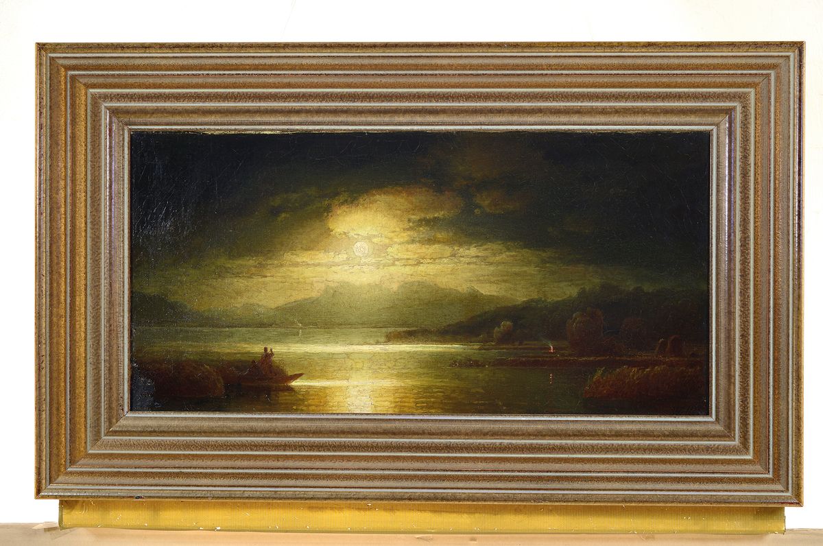 Detail k: Monogrammist W, datiert 1882, Mondlandschaft im Gegenlicht, re. u. monogrammiert und dat., altersbedingt besch., ca. 31 x 63 cm, Rahmen ca. 48 x 80 ...
