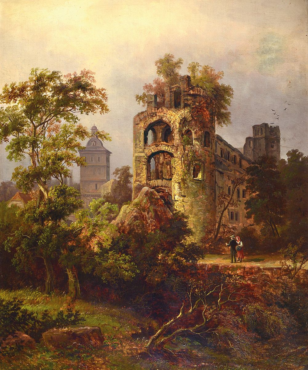 Fritz Brehm, 2. Hälfte 19. Jh., romantische Ruinenlandschaft mit Paar, Öl/Lwd, re. u. signiert, reiche Differenzierung in den Grün- und ...