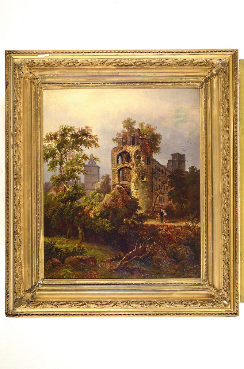 Detail k: Fritz Brehm, 2. Hälfte 19. Jh., romantische Ruinenlandschaft mit Paar, Öl/Lwd, re. u. signiert, reiche Differenzierung in den Grün- und ...