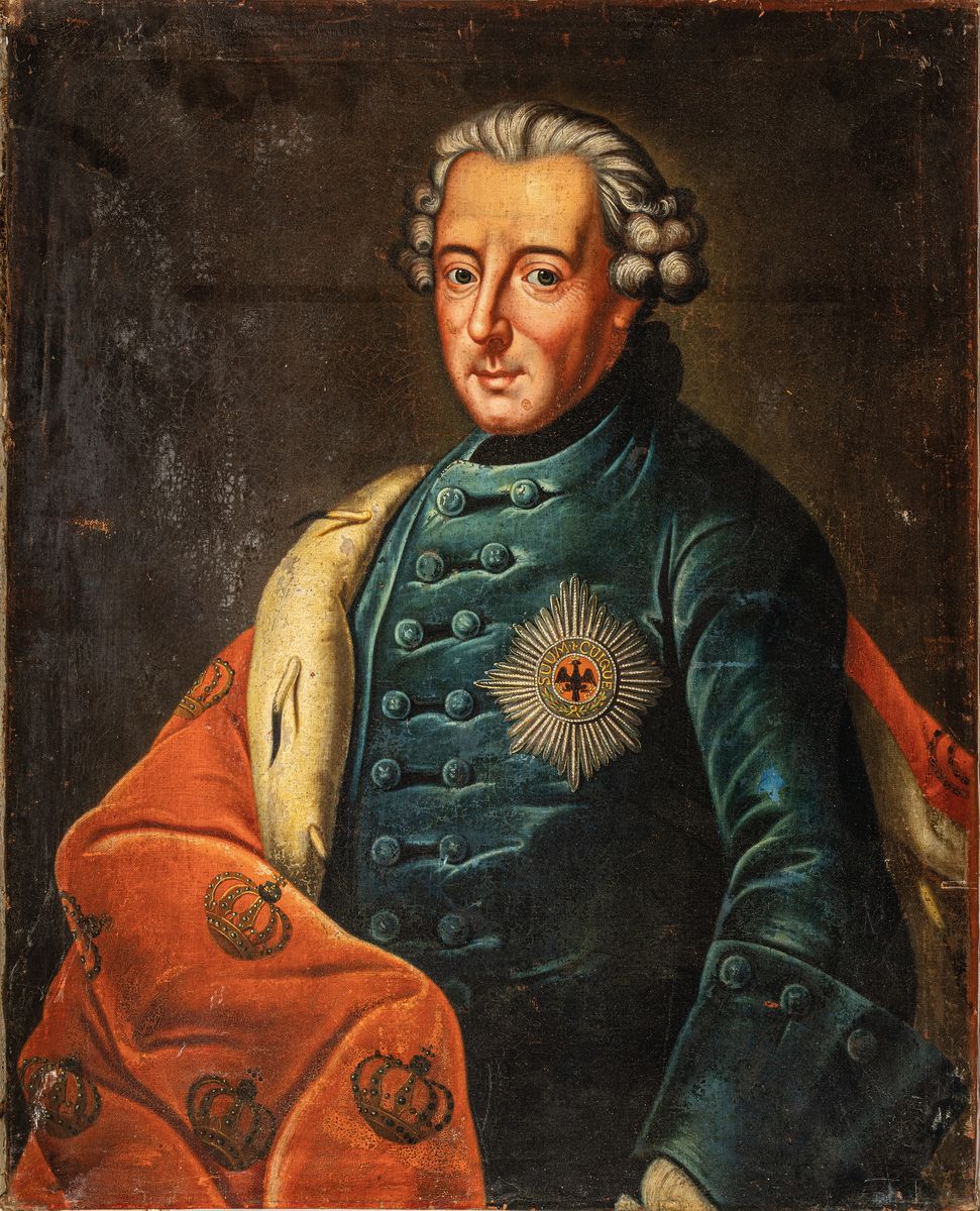 Unbekannter Künstler des 19. Jh., Porträt des Friedrich II. der Große (1712-1786) von Preussen, Öl/Lwd, krakeliert mit Farbablösungen, ...