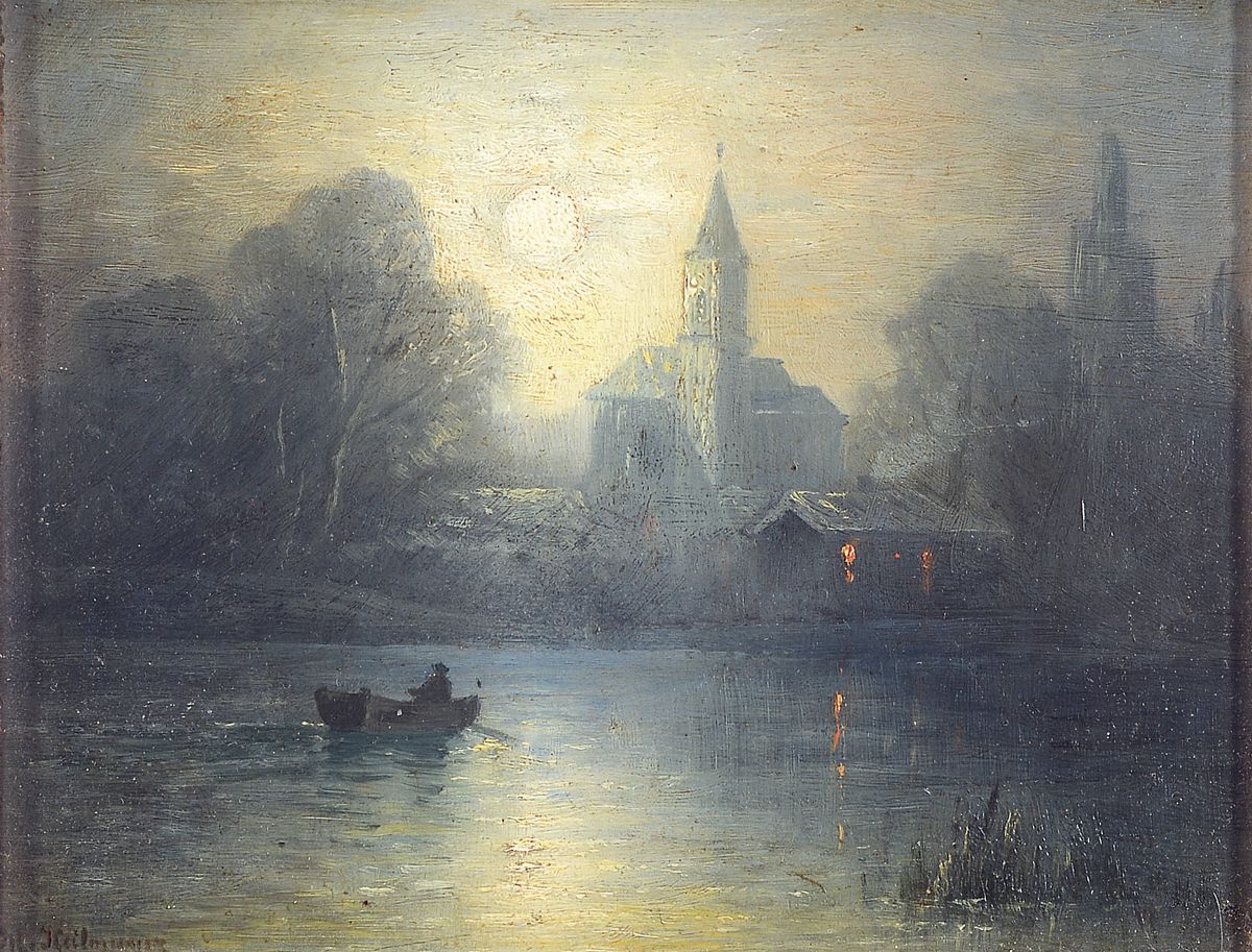 Karl Heilmayer, 1829-1932 München, Studium an der Akademie München, "Kirche am Starnberger See" so verso bez., Mondscheinlandschaft, ...