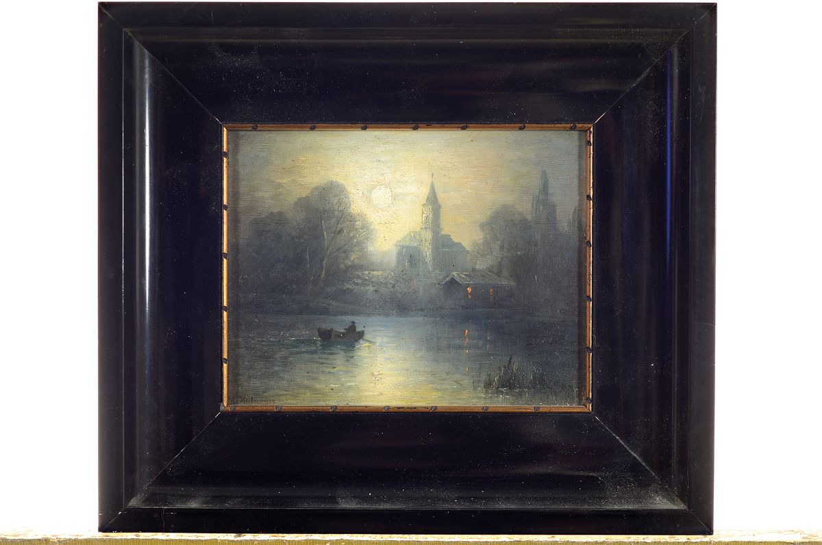 Detail k: Karl Heilmayer, 1829-1932 München, Studium an der Akademie München, "Kirche am Starnberger See" so verso bez., Mondscheinlandschaft, ...
