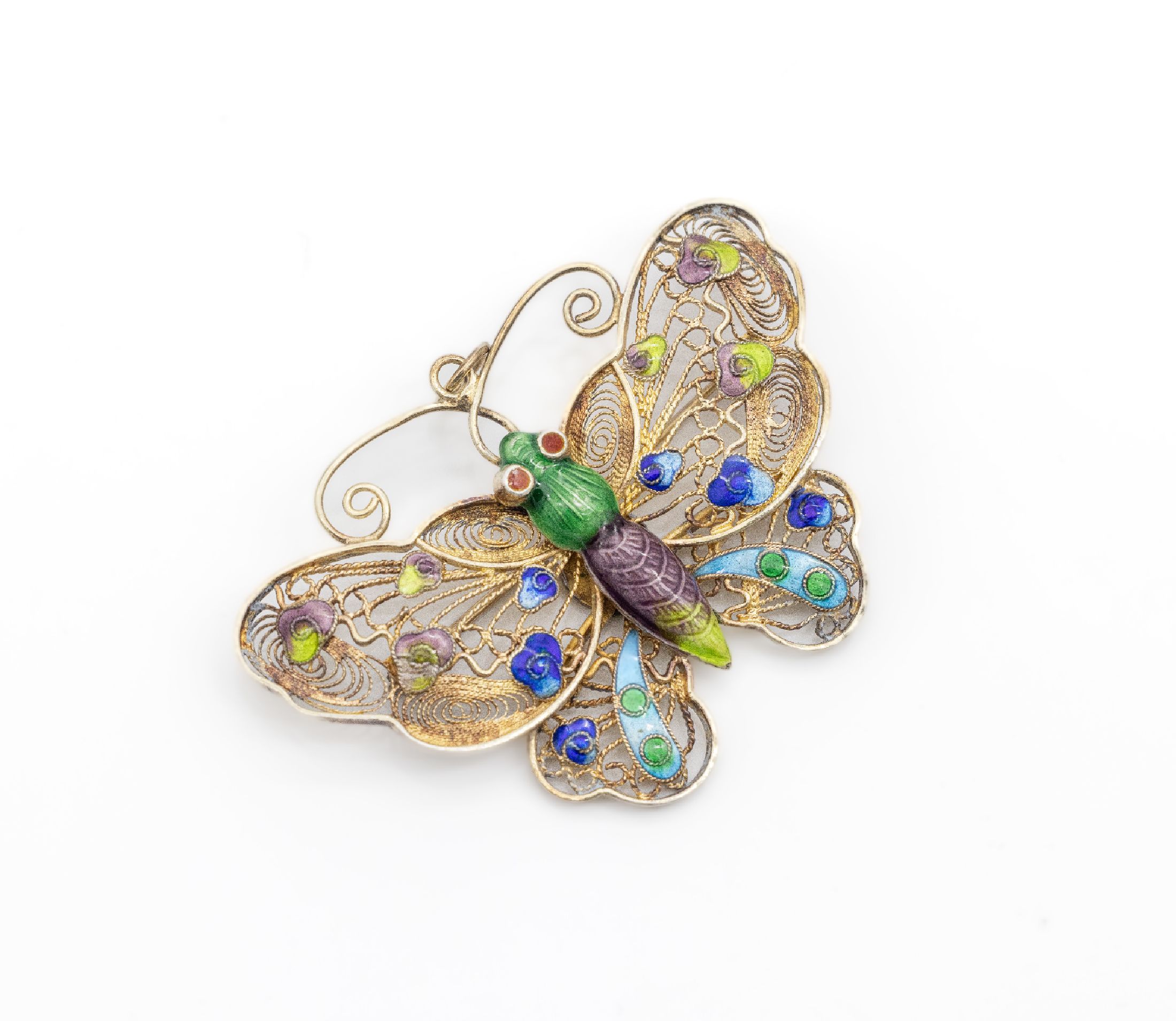 Brosche "Schmetterling"", Silber vergoldet, um 1905, Filigranarbeit, partiell bunt emailliert, B. ca. 5.5 cm