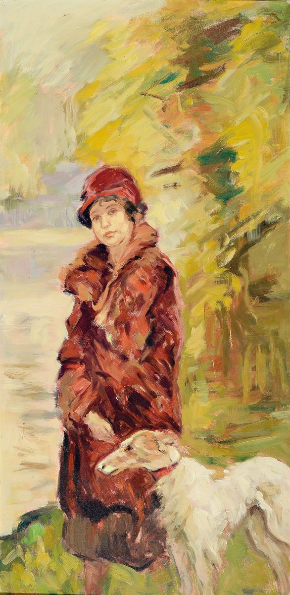 Unbekannter Künstler, 1920er/30er Jahre, Junge Frau mit Windhund, Öl/Lwd/Holz, 80x40cm