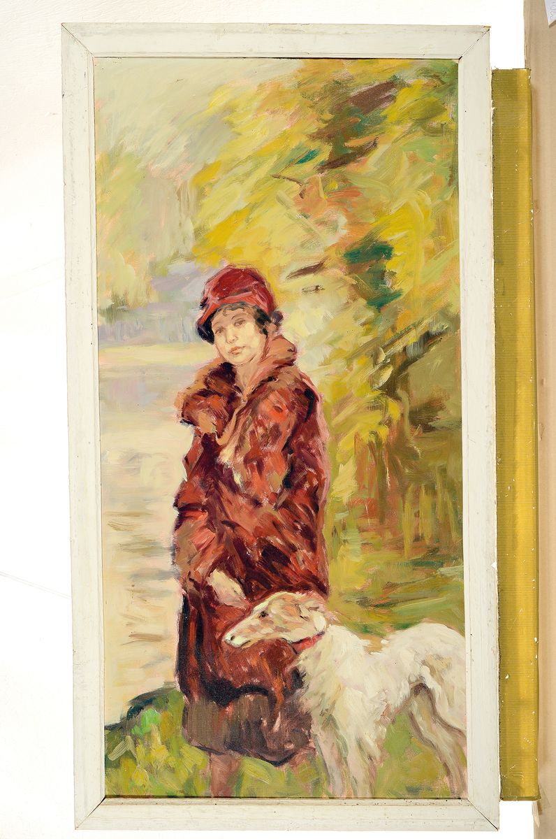 Detail k: Unbekannter Künstler, 1920er/30er Jahre, Junge Frau mit Windhund, Öl/Lwd/Holz, 80x40cm