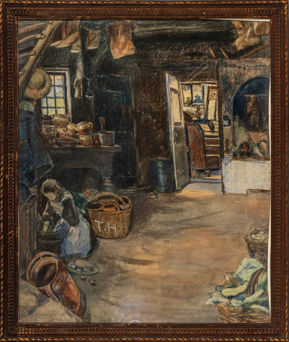 Detail k: Ernst Körner, 1846 Stibbe-1927 Berlin, Studium bei Eschke und Steffek, unternahm zahlreiche Studienreisen, hier: Interieur einer Bauernküche, ...