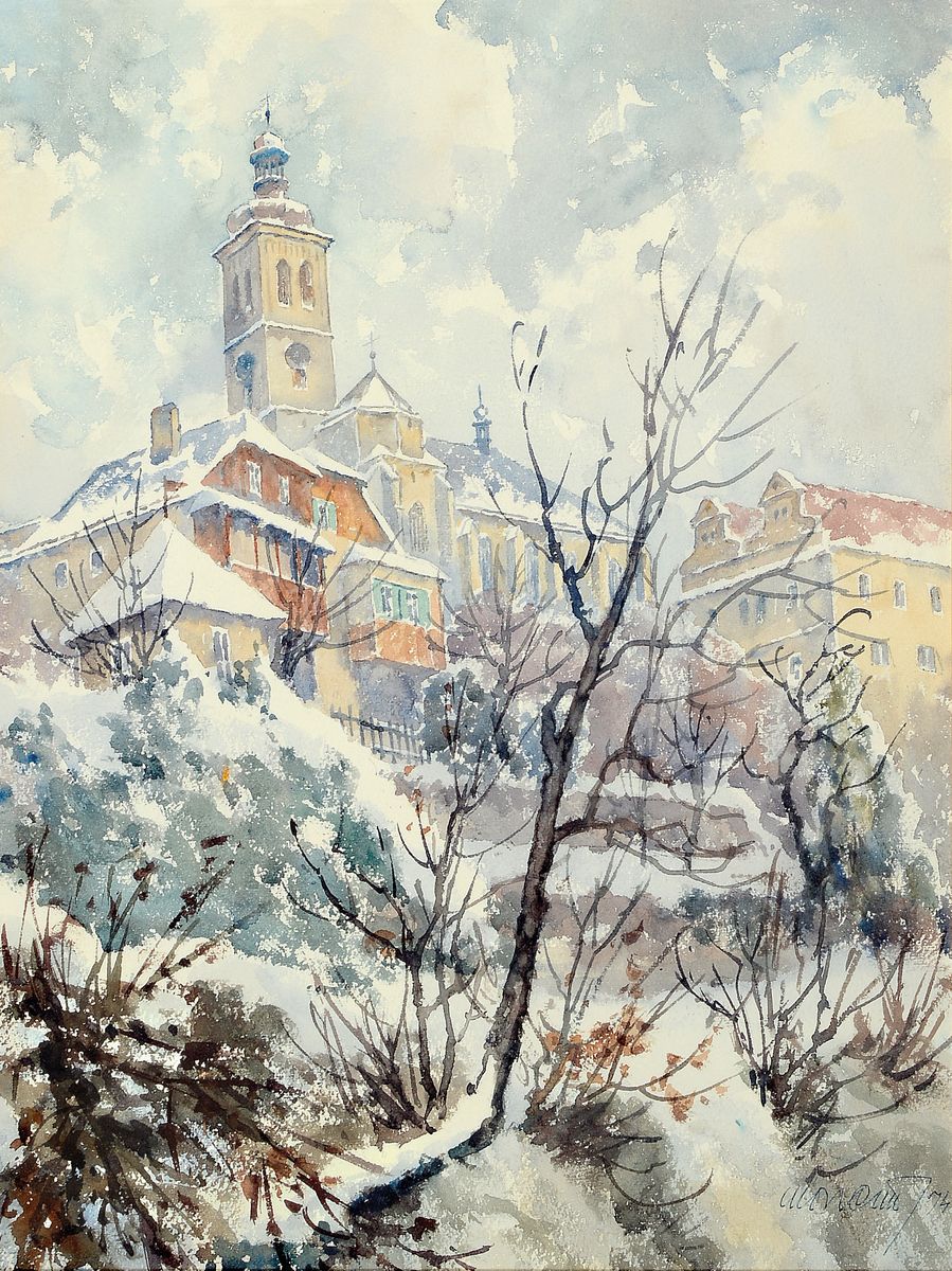 Unbekannter Künstler, datiert (19)74, winterlich verschneite Landschaft mit Blick auf Kirche und Stadt, Aquarell auf Papier, rechts unten ...