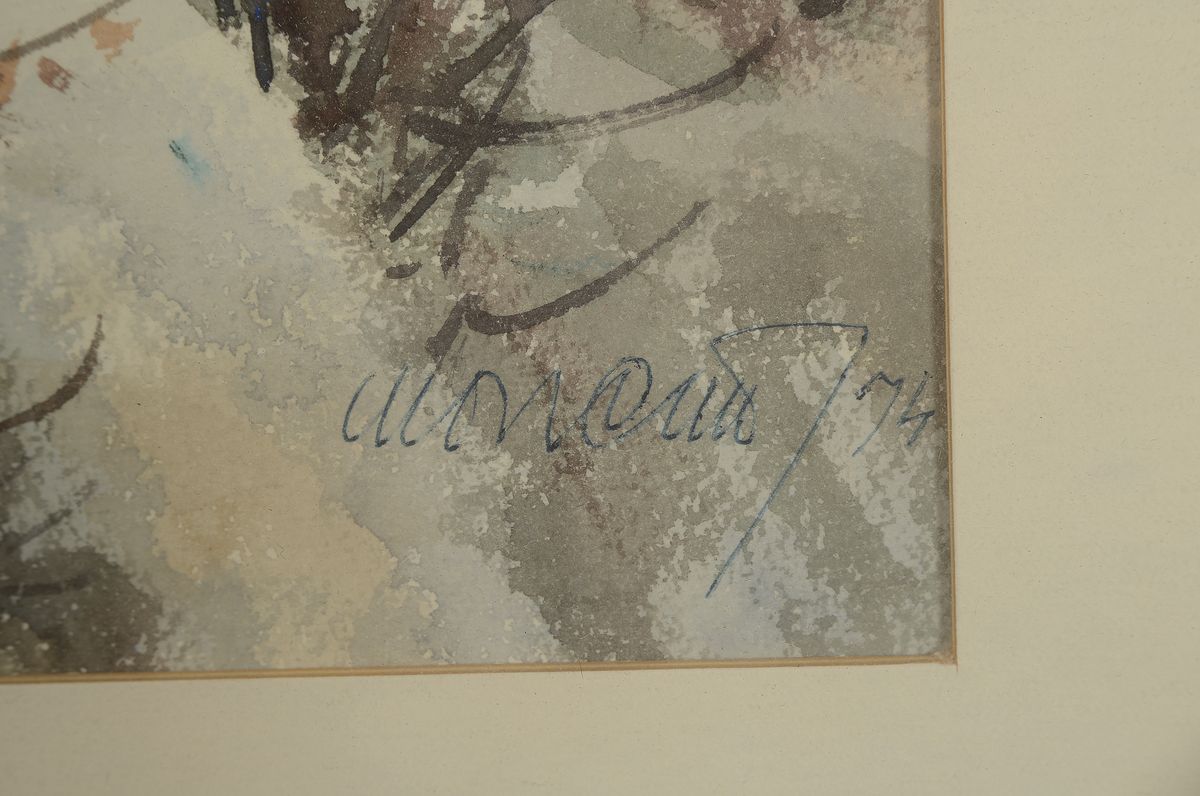 Detail a: Unbekannter Künstler, datiert (19)74, winterlich verschneite Landschaft mit Blick auf Kirche und Stadt, Aquarell auf Papier, rechts unten ...