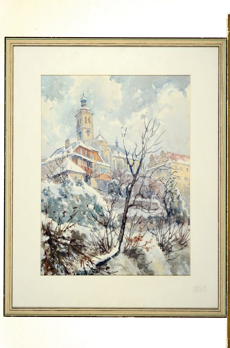 Detail k: Unbekannter Künstler, datiert (19)74, winterlich verschneite Landschaft mit Blick auf Kirche und Stadt, Aquarell auf Papier, rechts unten ...