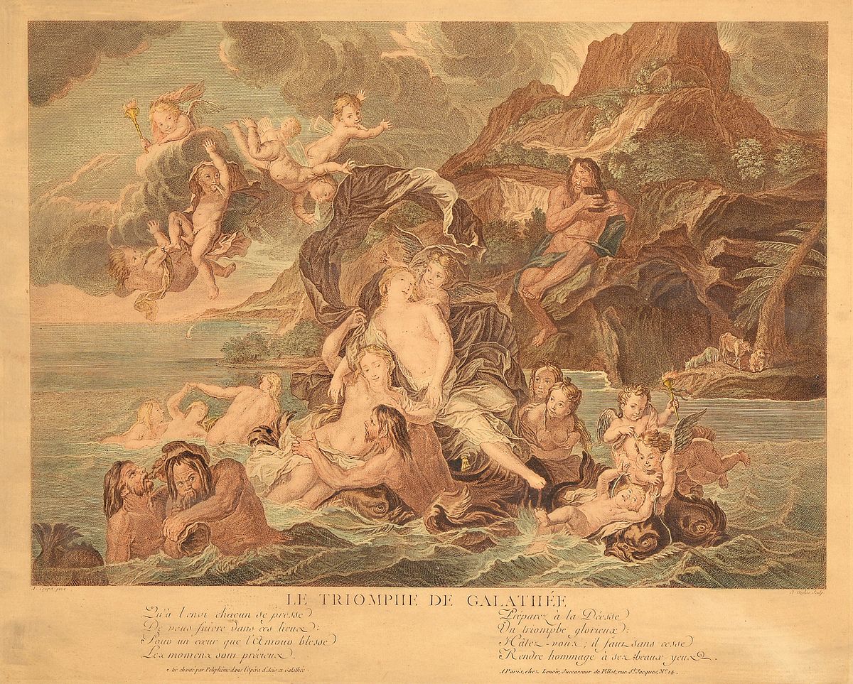 Claude Duflos, 1665-1727, Le triomphe de Galathée, kolorierter Kupferstich nach einem Gemälde von Antoine Coypel (1661-1722), gebräunt, ca. ...
