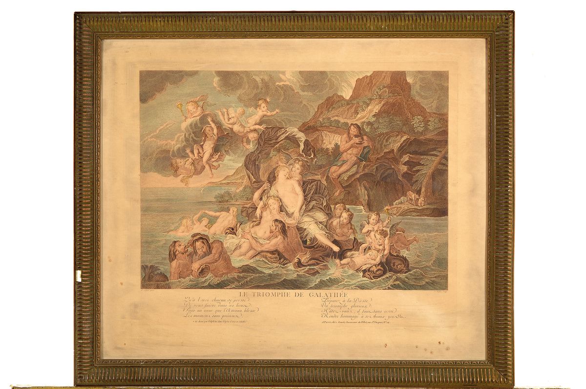 Detail k: Claude Duflos, 1665-1727, Le triomphe de Galathée, kolorierter Kupferstich nach einem Gemälde von Antoine Coypel (1661-1722), gebräunt, ca. ...