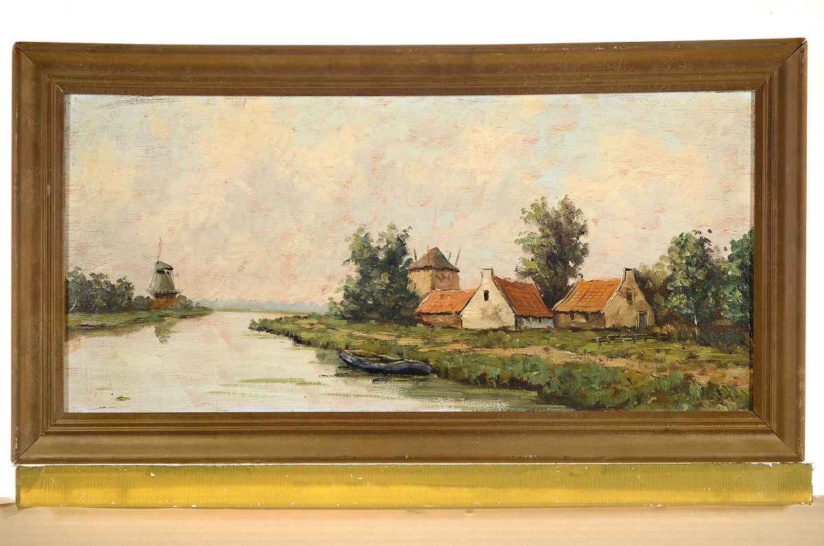 Detail k: Unbekannter Künstler, Niederlande, um 1900, niederländische Landschaft mit Fluss, Windmühle und Bauernhäusern, Öl/Holz, ca. 33x69cm, R. ca. ...
