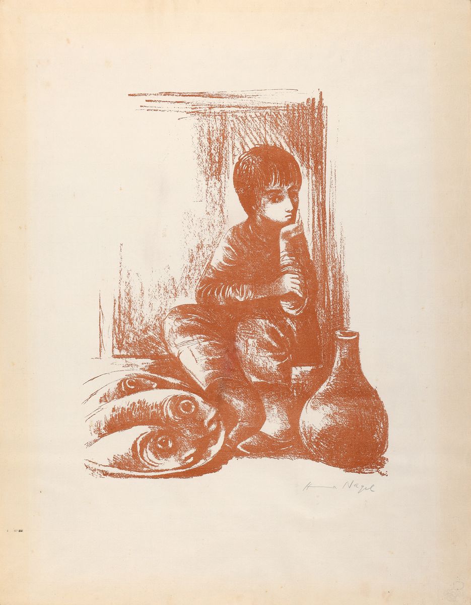 Hanna Nagel, 1907-1975 Heidelberg, Kind mit Fischen, Lithographie von 1953, rechts unten handsigniert, ca. 62x47cm, leicht gebräunt, u.Gl., R.
