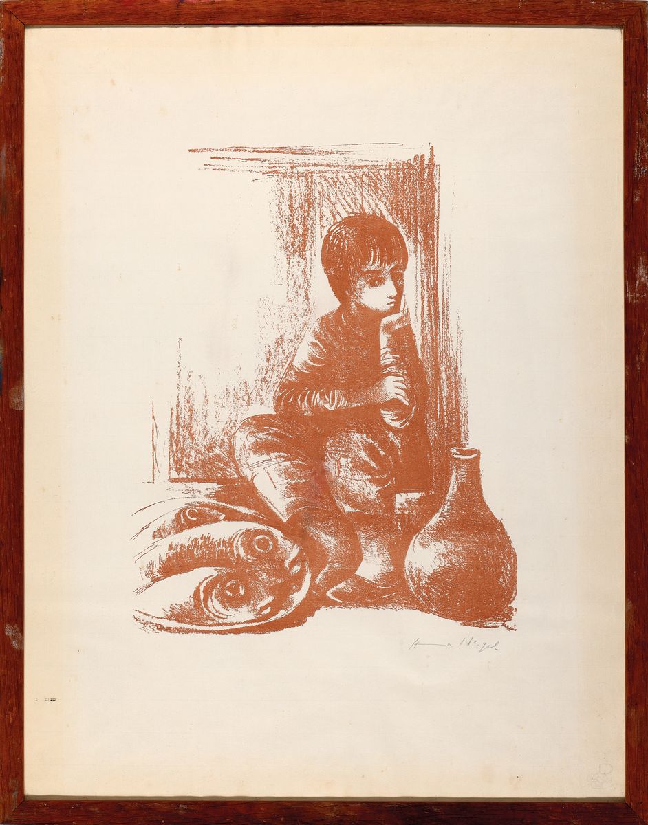 Detail k: Hanna Nagel, 1907-1975 Heidelberg, Kind mit Fischen, Lithographie von 1953, rechts unten handsigniert, ca. 62x47cm, leicht gebräunt, u.Gl., R.