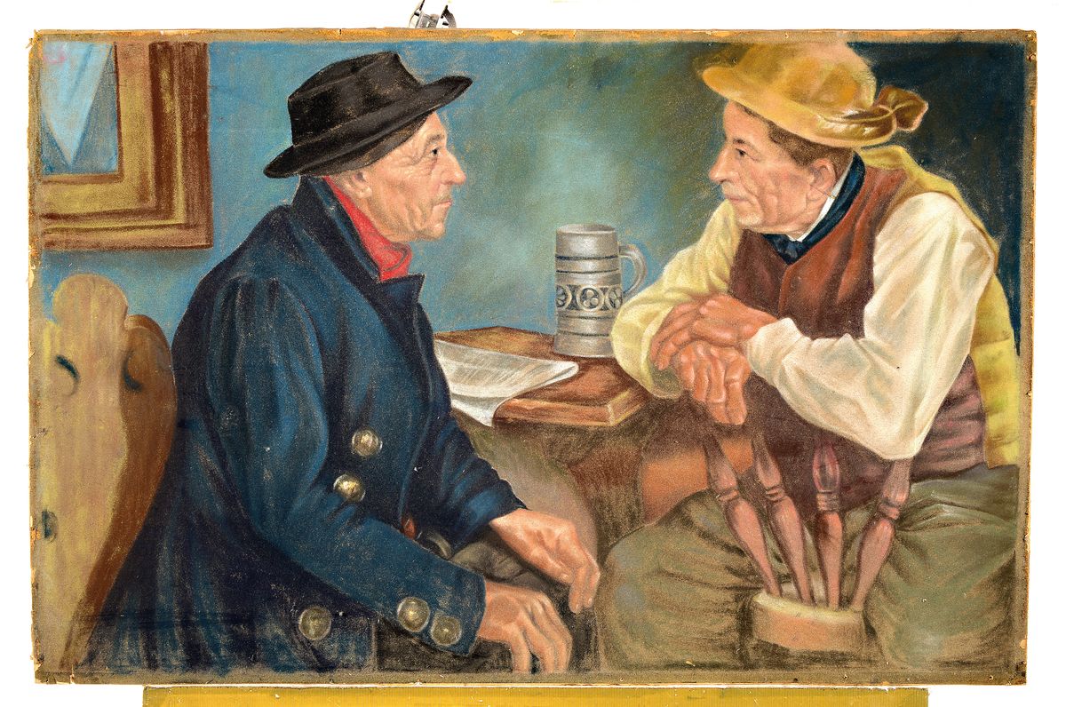 Detail k: Unbekannter Künstler, süddeutsch, um 1900, zwei Bauern in der Stube, Pastell auf Papier, unsigniert, ca. 64x99cm, gewölbt, Randschäden