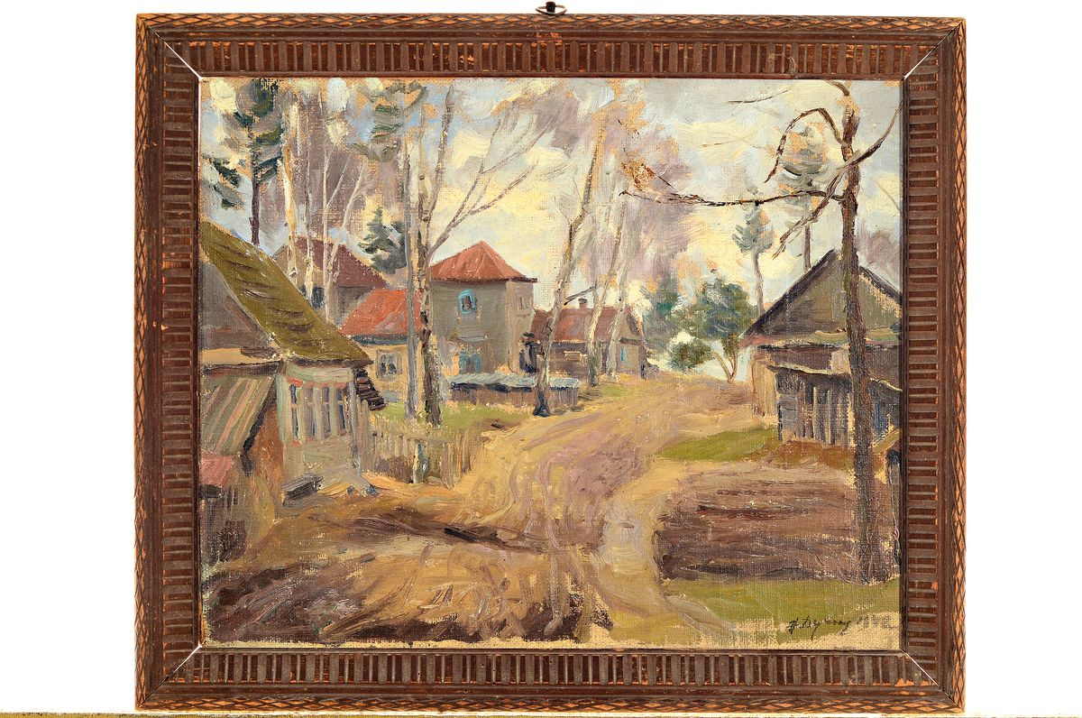 Detail k: Unbekannter Künstler, Frankreich, 1. Hälfte 20. Jh., Landschaft mit Bauernhäuser, Öl/ Malkarton, rechts unten unleserlich signiert und dat., ca. ...