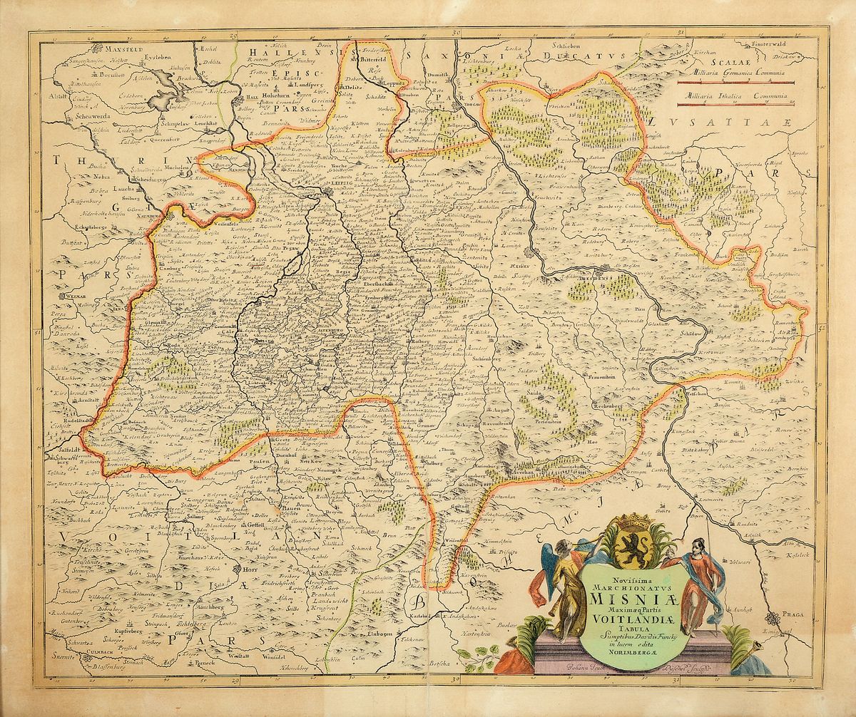 Johann Joachim Püschel, Nürnberg, 18. Jh., kolorierte Kupferstichkarte des Vogtlandes, Wappenkartusche, geglättete Bugfalte, gebräunt, ca. ...