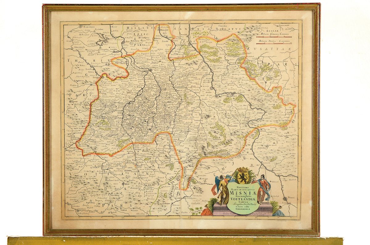 Detail k: Johann Joachim Püschel, Nürnberg, 18. Jh., kolorierte Kupferstichkarte des Vogtlandes, Wappenkartusche, geglättete Bugfalte, gebräunt, ca. ...