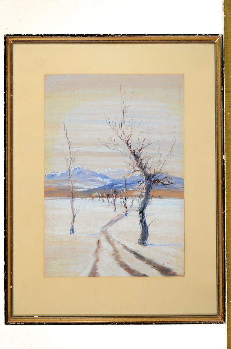 Detail k: Gertrude Hecker, 1900-1983, Münchener Malerin, Verschneite Winterlandschaft in den Voralpen, Aquarell auf Papier, rechts unten signiert, ca. ...