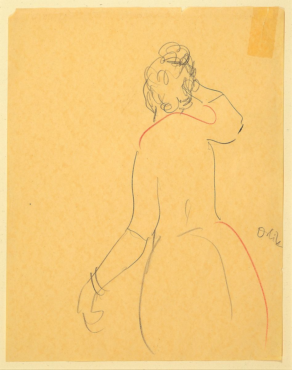 Zuschreibung: Emil Orlik, 1870-1932, Rückenansicht einer Frau, Bleistift und roter Farbstift, Papier gebäunt und rechts oben geklebter Riss, ...