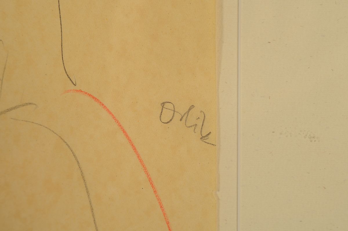 Detail a: Zuschreibung: Emil Orlik, 1870-1932, Rückenansicht einer Frau, Bleistift und roter Farbstift, Papier gebäunt und rechts oben geklebter Riss, ...