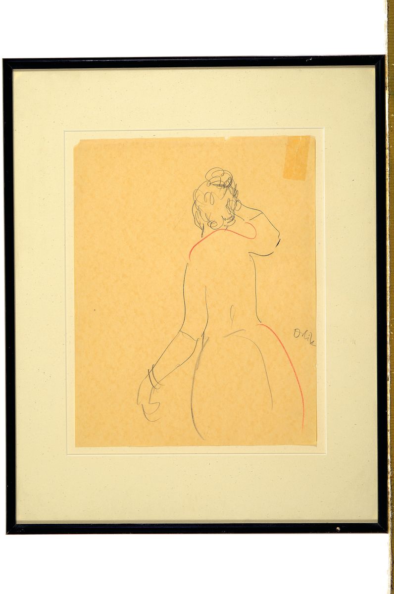 Detail k: Zuschreibung: Emil Orlik, 1870-1932, Rückenansicht einer Frau, Bleistift und roter Farbstift, Papier gebäunt und rechts oben geklebter Riss, ...