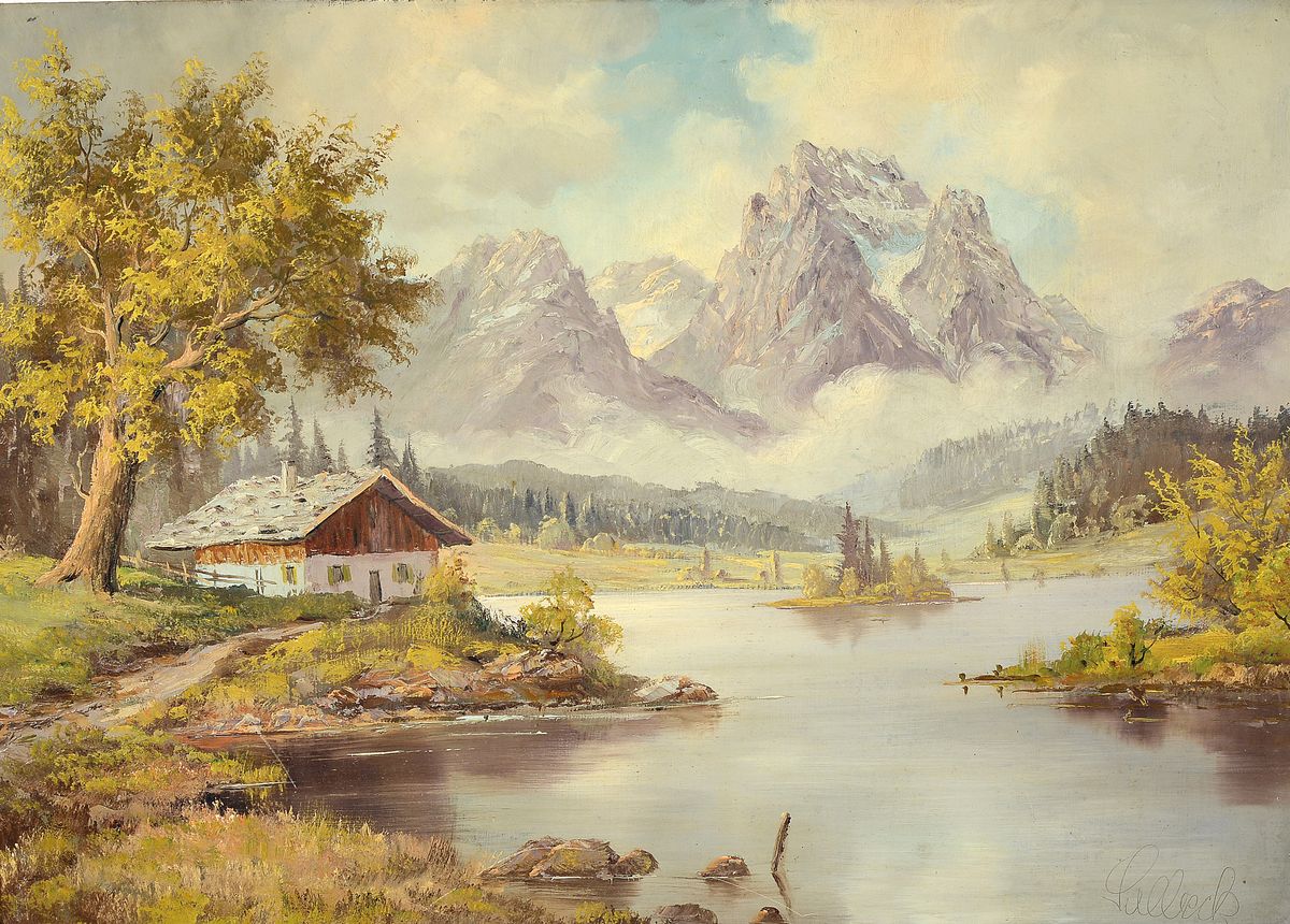 Benedikt Salbeck, Maler des 20. Jh., Gebirgslandschaft, Öl/Hartfaser, rechts unten signiert, ca. 50x70cm, R. ca. 62x82cm