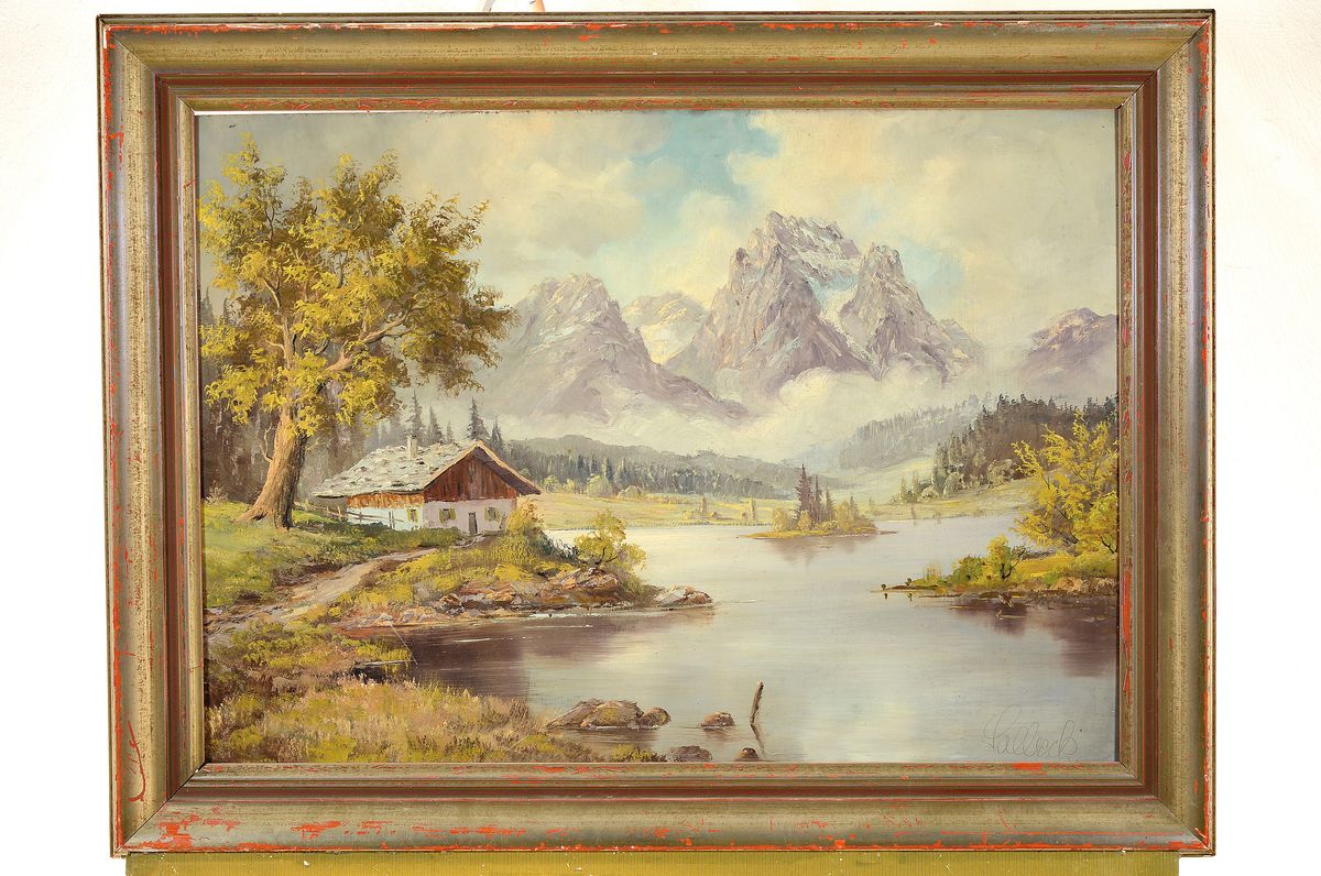 Detail k: Benedikt Salbeck, Maler des 20. Jh., Gebirgslandschaft, Öl/Hartfaser, rechts unten signiert, ca. 50x70cm, R. ca. 62x82cm