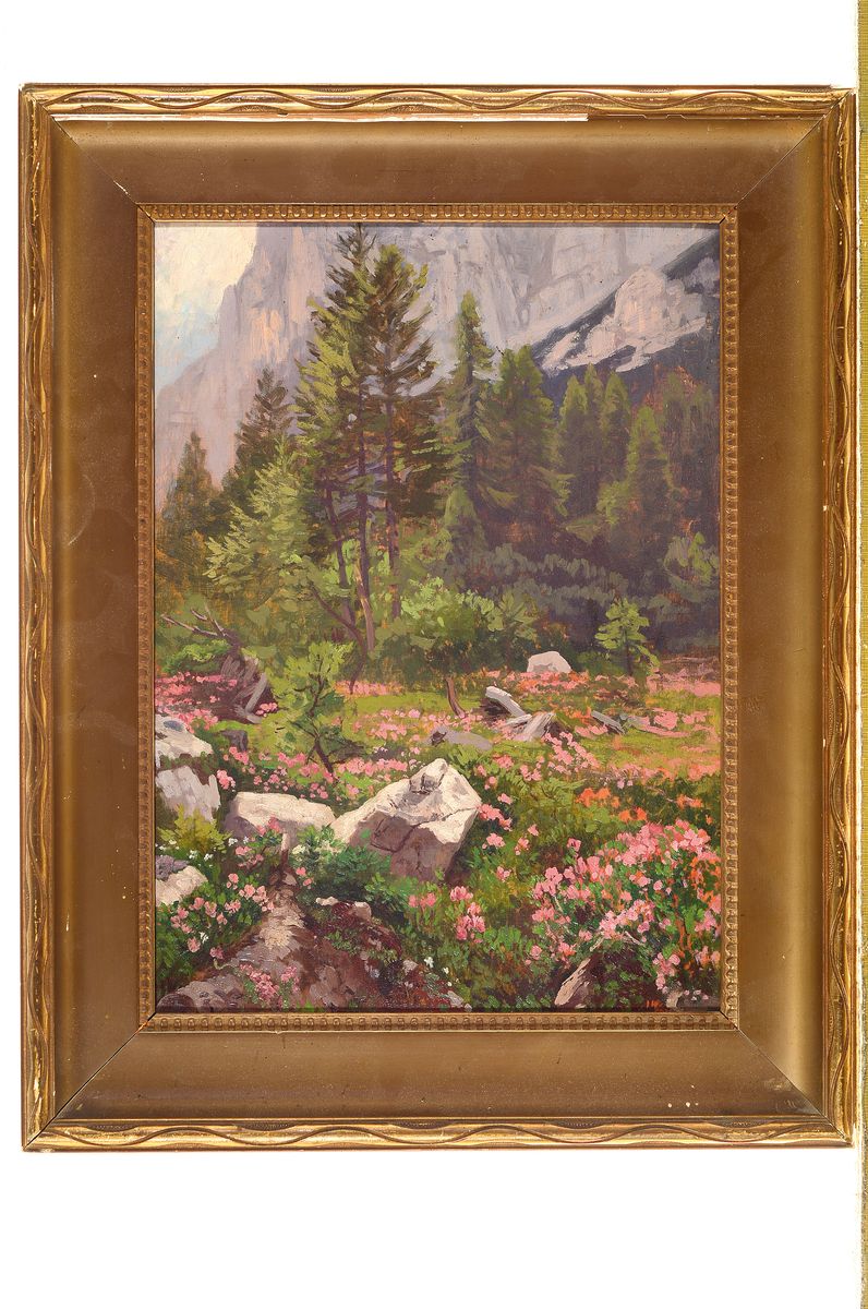 Detail k: Unbekannter Künstler, deutsch, um 1900, Blühende Wiese, im Hintergrund ein Felsmassiv, Öl/Holz, unsigniert, ca. 35c25vm, R. ca. 45x35cm, dieser ...