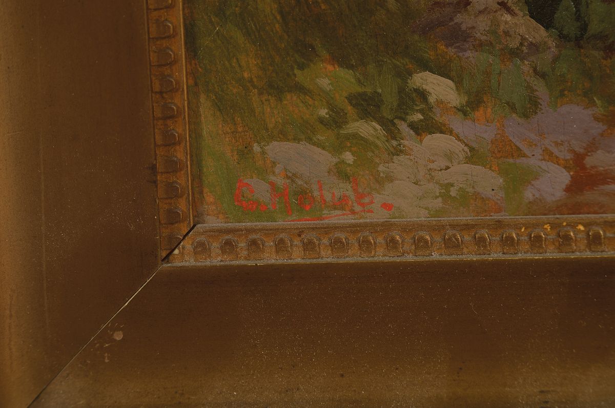 Detail a: Georg Holub, 1841 Brünn-1919 Wien, Landschaft mit Kate und Kühen, im Hintergrund ein Gebirgsmassiv, Öl/Holz, links unten signiert, kleiner ...