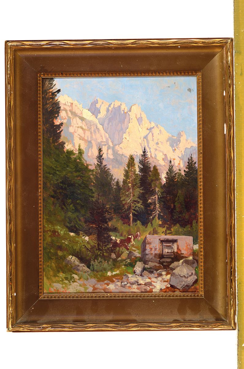 Detail k: Georg Holub, 1841 Brünn-1919 Wien, Landschaft mit Kate und Kühen, im Hintergrund ein Gebirgsmassiv, Öl/Holz, links unten signiert, kleiner ...