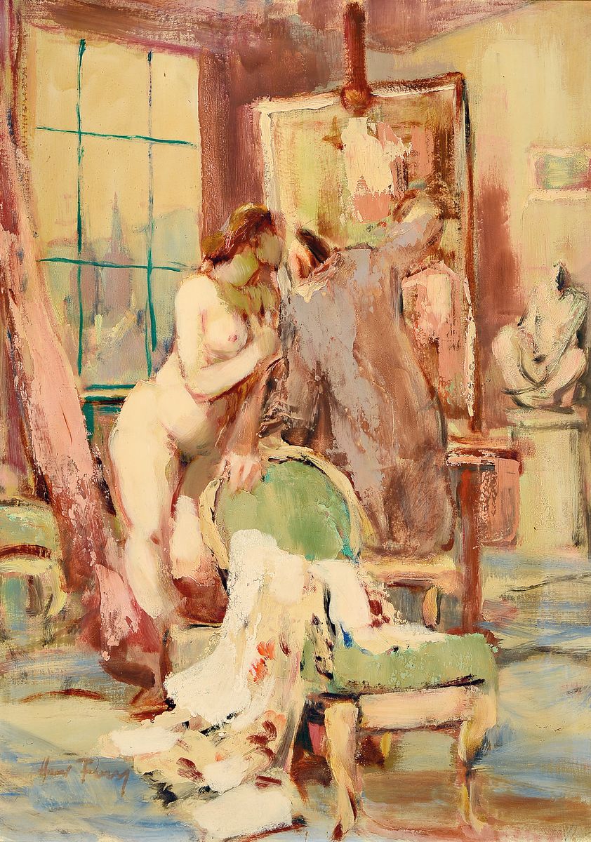 Hanns Fay, 1888 Frankenthal-1957 Neustadt a.d.Weinstraße, im Atelier des Malers, der Maler beim malen eines weiblichen Aktes auf einen Stuhl ...