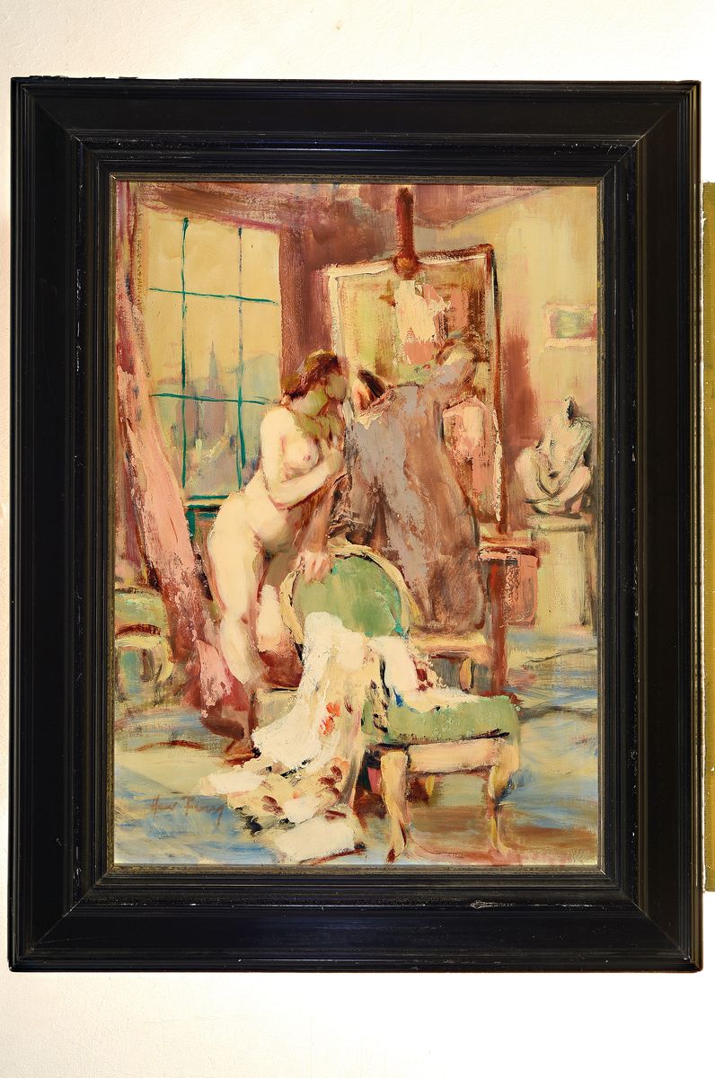 Detail k: Hanns Fay, 1888 Frankenthal-1957 Neustadt a.d.Weinstraße, im Atelier des Malers, der Maler beim malen eines weiblichen Aktes auf einen Stuhl ...