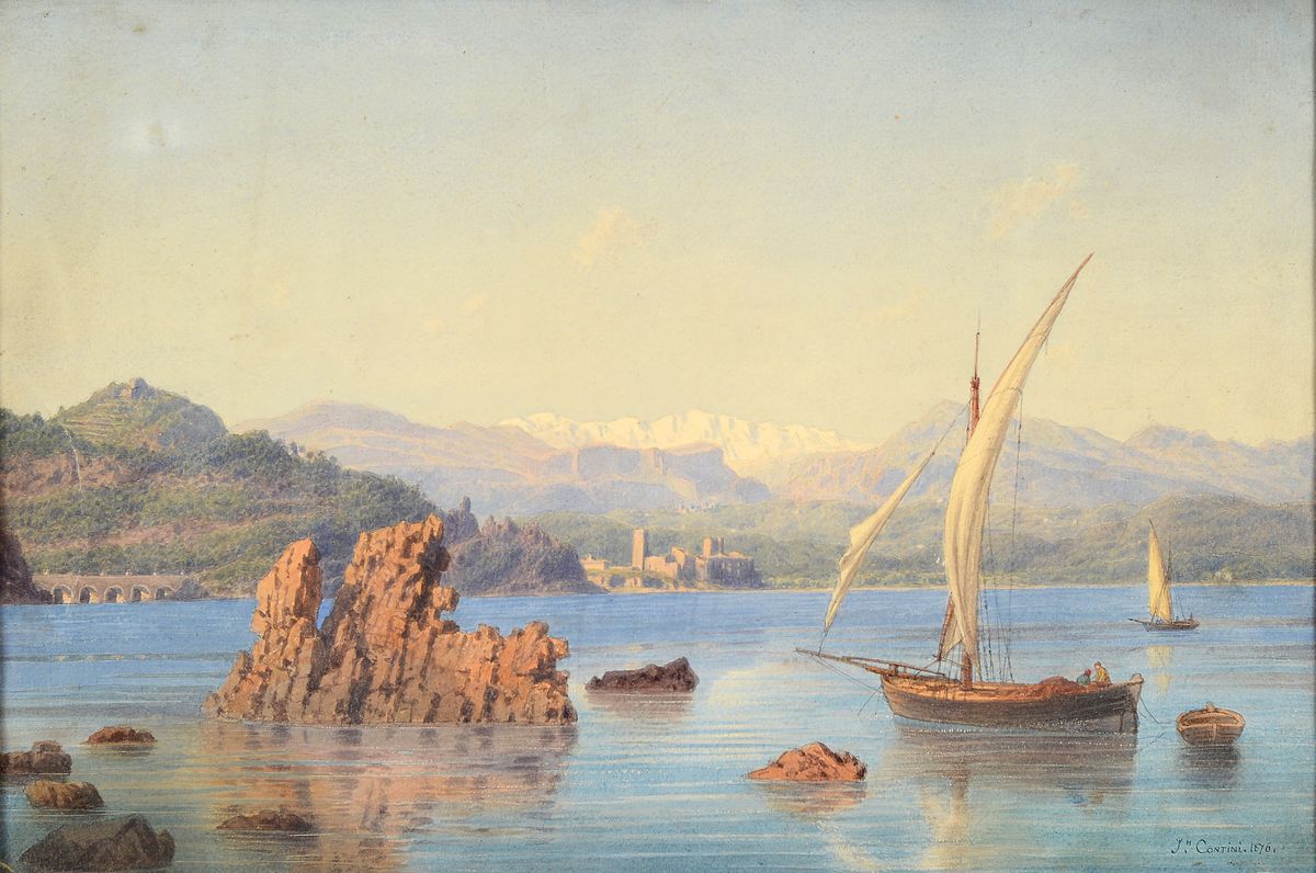 Joseph Contini, 1827 Mailand-1892 Cannes, Küstenlandschaft mit Fischerboot in einer Bucht, Aquarell auf Papier, feine detaillierte Ausführung, ...