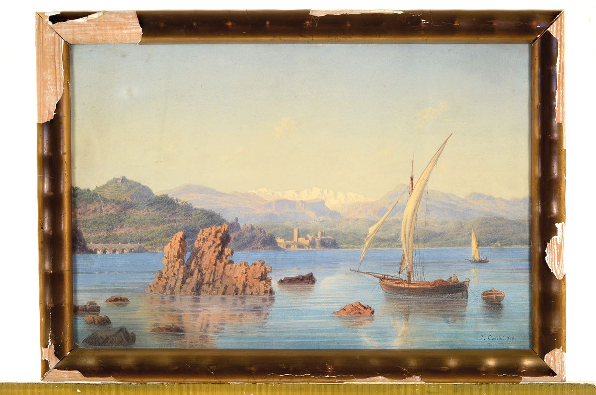 Detail k: Joseph Contini, 1827 Mailand-1892 Cannes, Küstenlandschaft mit Fischerboot in einer Bucht, Aquarell auf Papier, feine detaillierte Ausführung, ...
