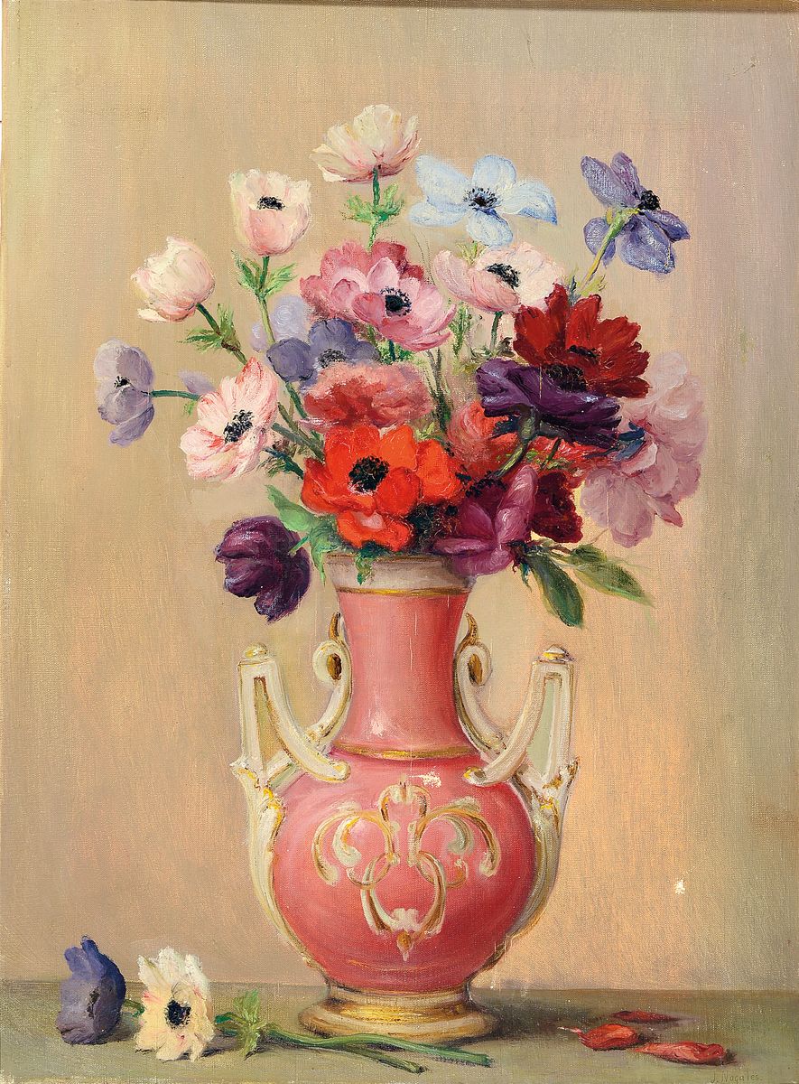 José Nogales Sevilla, 1860 Valverde del Camino-1939 Madrid, Anémonas, so verso betitelt und signiert, Öl/Lwd, ca.60x46cm, R. ca. 70x54cm