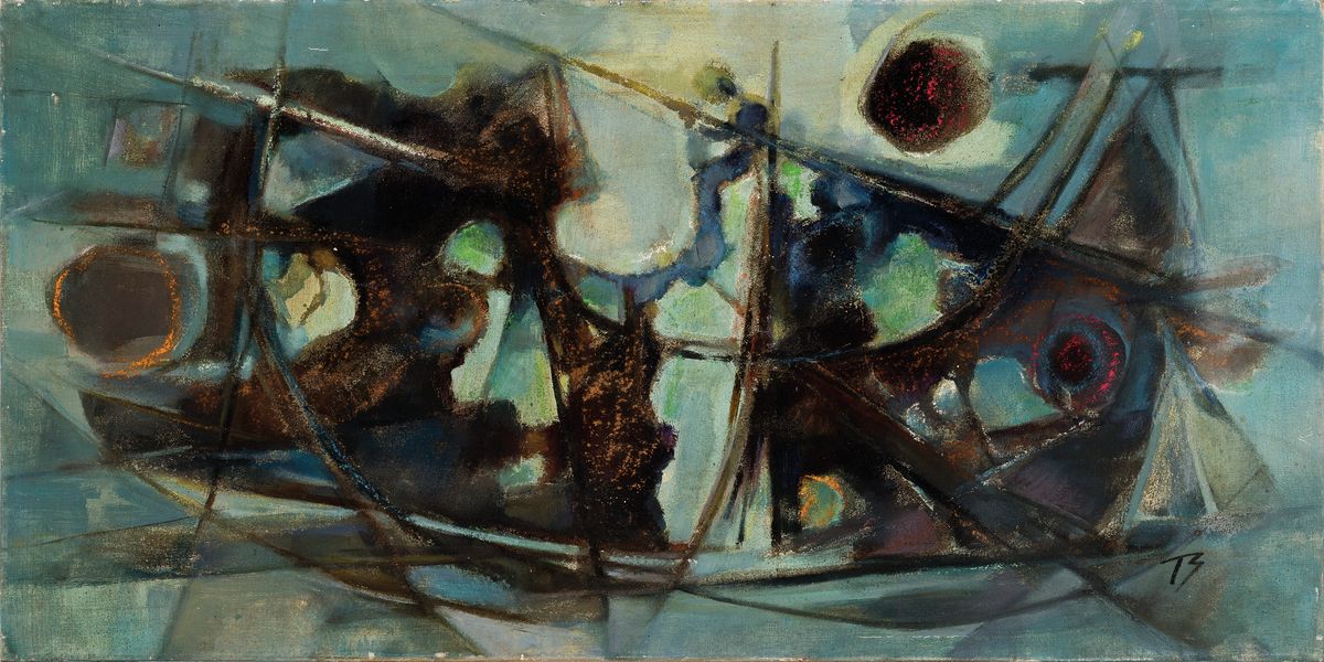 T. Schubert, datiert (19)63, Dipolare Spannung, rückseitig so betitelt und signiert, Öl/Lwd, rechts unten monogr. TS, ca. 50x100cm