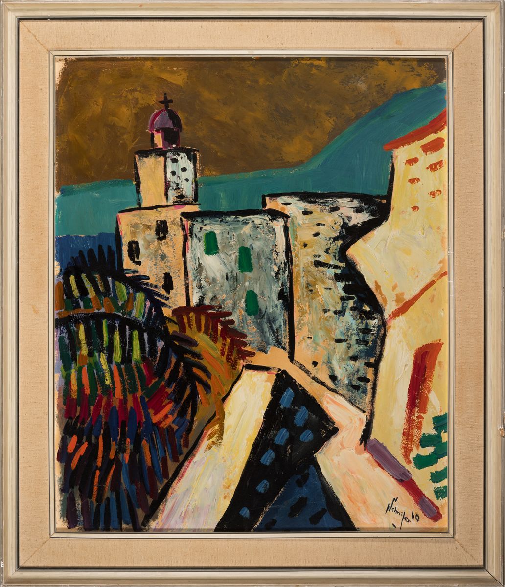 Schnijer, datiert (19)60, Südliche Stadtansicht, Öl/Hartfaser, rechts unten signiert und dat., ca. 54x45cm, R. ca. 67x58cm