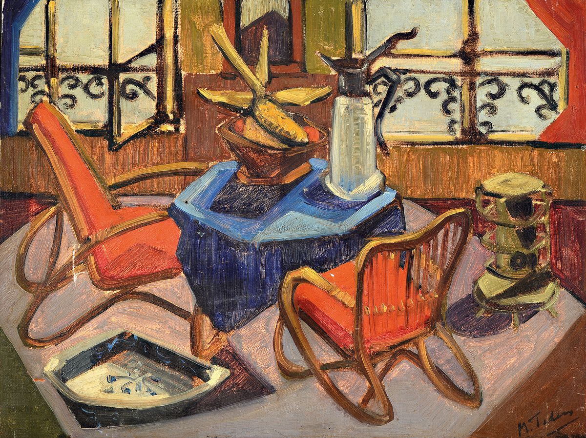 M. Teden, Maler*in der Mitte des 20. Jh., Interieur mit Sitzgruppe, Öl/Lwd, rest., rechts unten signiert, ca. 45x60cm, mehrere Löcher