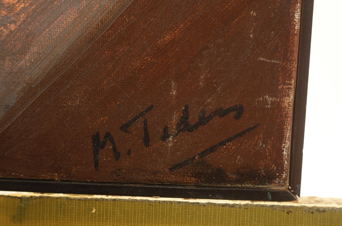 Detail a: M. Teden, Maler*in der Mitte des 20. Jh., Interieur mit Sitzgruppe, Öl/Lwd, rest., rechts unten signiert, ca. 45x60cm, mehrere Löcher