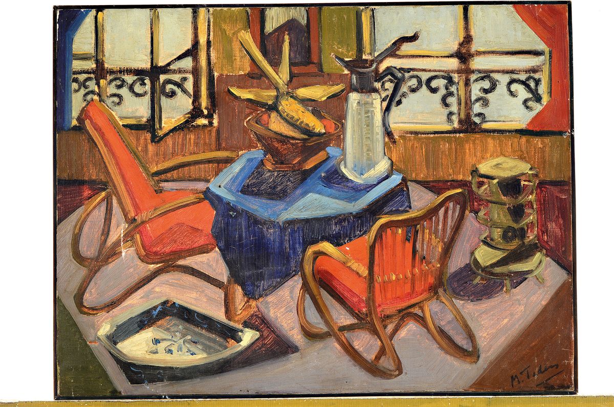 Detail k: M. Teden, Maler*in der Mitte des 20. Jh., Interieur mit Sitzgruppe, Öl/Lwd, rest., rechts unten signiert, ca. 45x60cm, mehrere Löcher