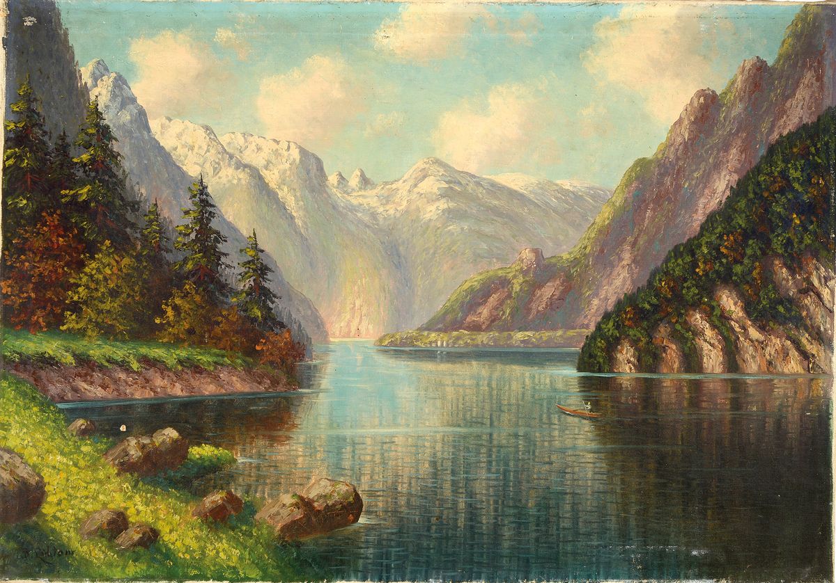 Bruno Lübtow, Leipziger Maler der 1. Hälfte des 20. Jh., Ansicht vom Königsee, Öl/Lwd, kleinere Farbfehlstellen, links unten signiert, ca. ...
