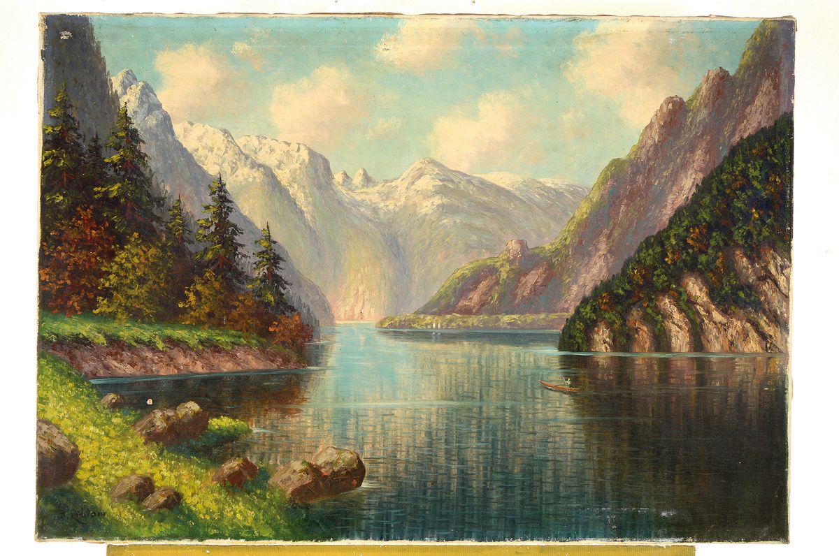 Detail k: Bruno Lübtow, Leipziger Maler der 1. Hälfte des 20. Jh., Ansicht vom Königsee, Öl/Lwd, kleinere Farbfehlstellen, links unten signiert, ca. ...